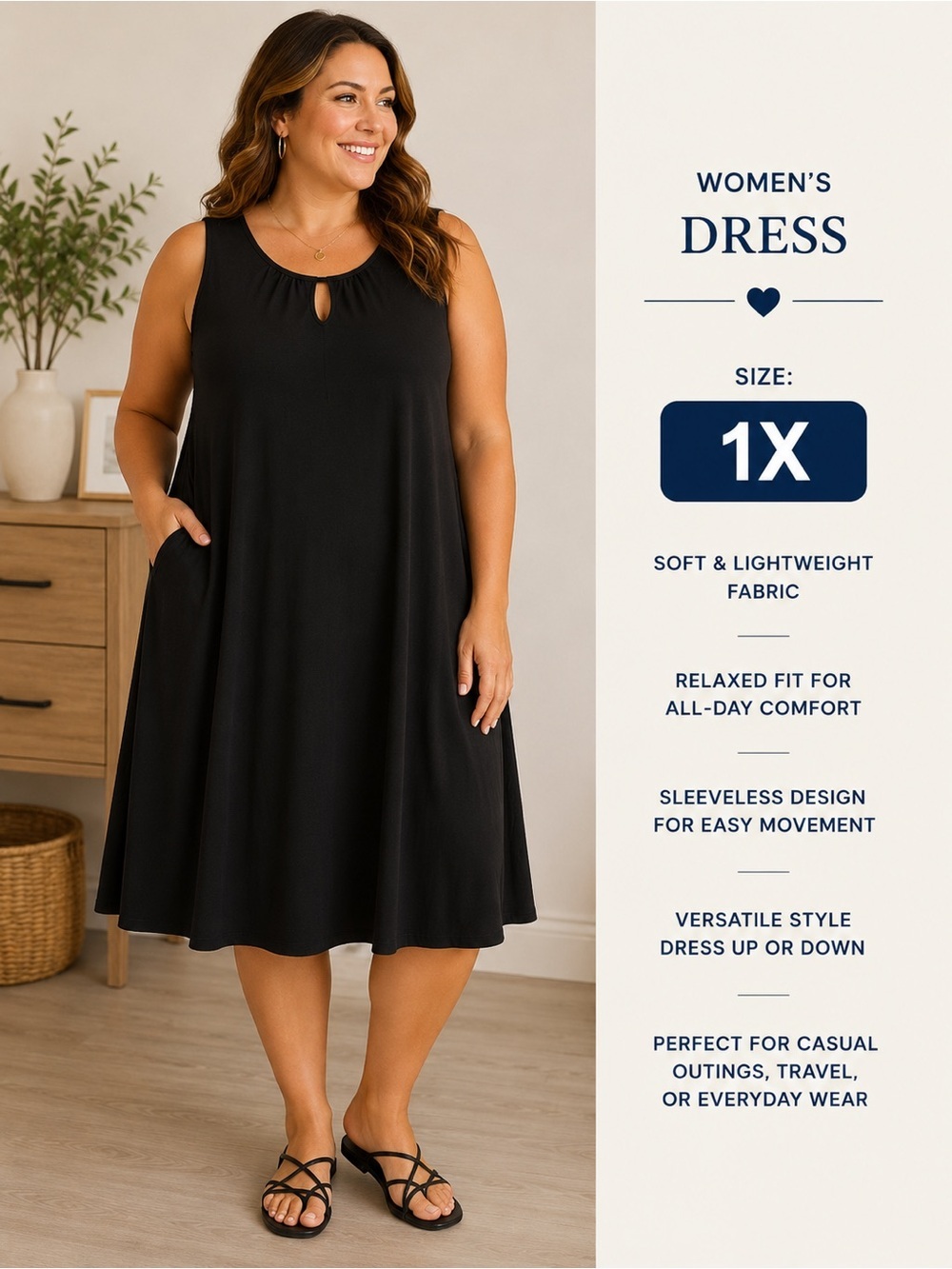 Terra & Sky Black Women's Dress 1X Black
Pit 20” stretchy
Length 36”